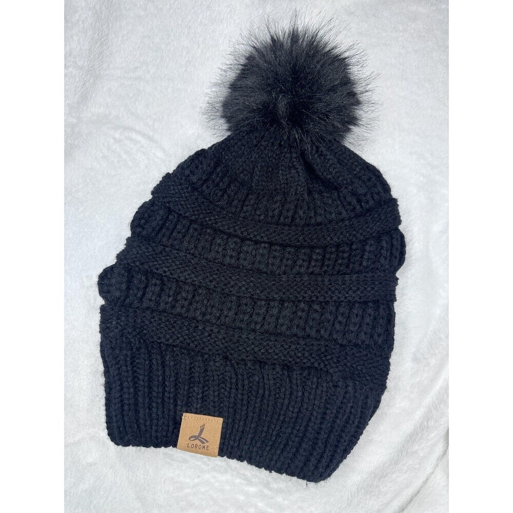 LOROME Hat Beanie OS Black Knit Faux Fur Pom Womens One Size Logo Winter